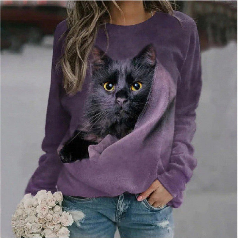 Cute Cat 3D Digital Printing Women's Round Neck Sweater
