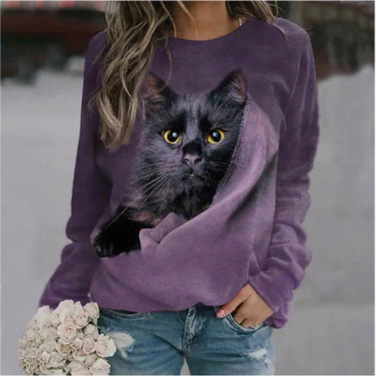 Cute Cat 3D Digital Printing Women's Round Neck Sweater