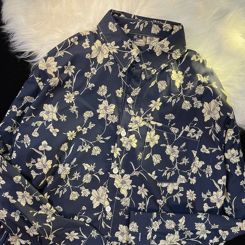Hong Kong Style Printed Shirt Men's And Women's Loose Long Sleeves