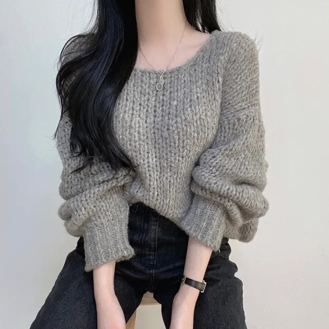 Simple Pullover Drop-shoulder Sleeve Loose Thick Knit Knitwear