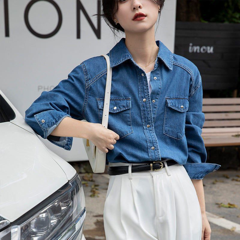 Retro Denim Shirt Niche Layering Blue Long Sleeve Top