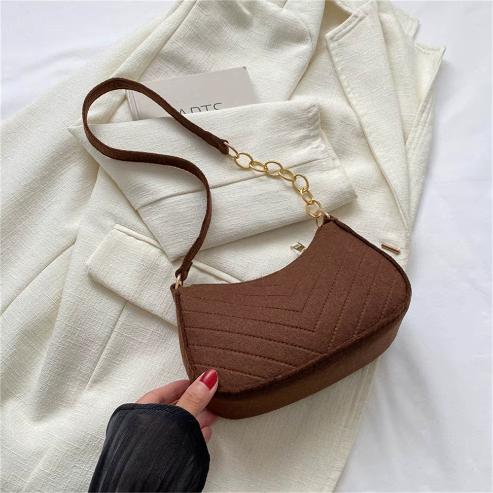 Women’s Retro Felt Underarm Bag - Solid Color Shoulder Bag, Casual Dumpling Crossbody Purse