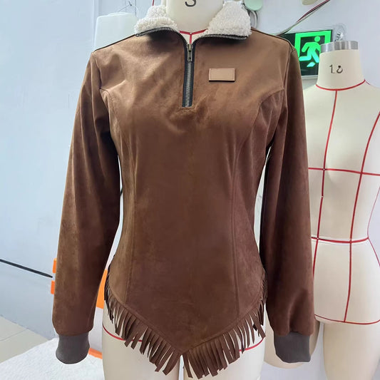 Suede-velvet Tassel Hem Long-sleeve Fur-collar Slim-fit Womens Top