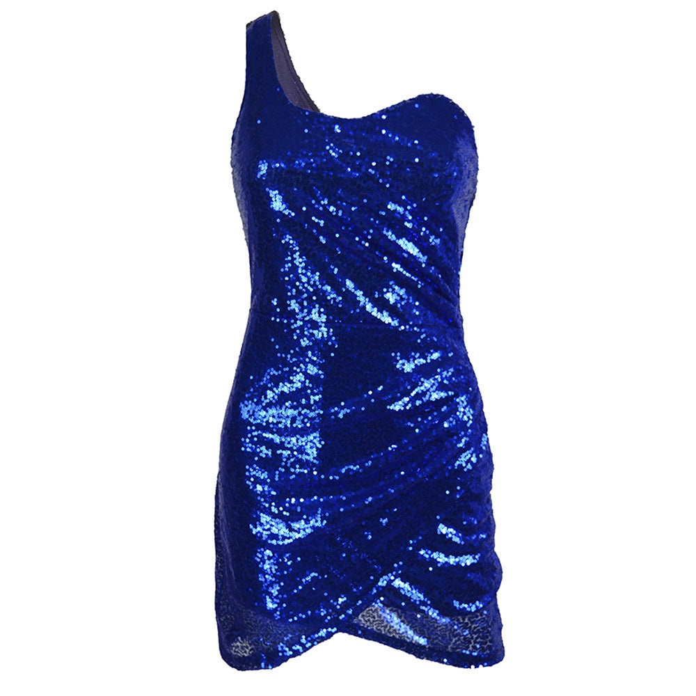 Backless One-shoulder Bodycon Sequin Dress