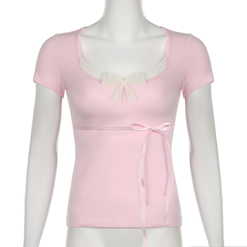 Pure Desire Girl Lace Stitching Satin Lace Design T-shirt Sweet All-matching Square-neck Cinched Bow Top
