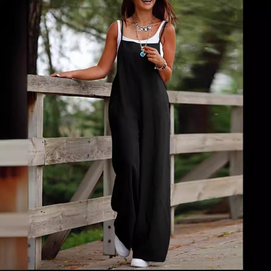 Fashion Casual Women's Pocket Cotton Linen Sleeveless Jumpsuit