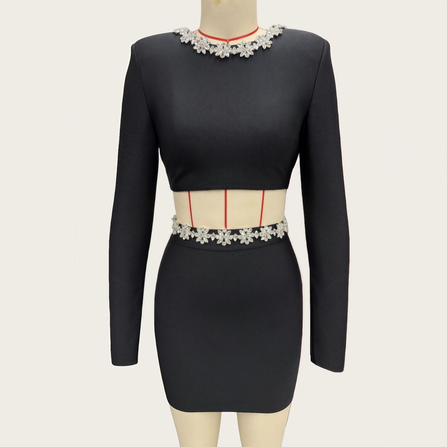 Womens Fashionable Crew-Neck Long-Sleeve Midriff-Baring Set