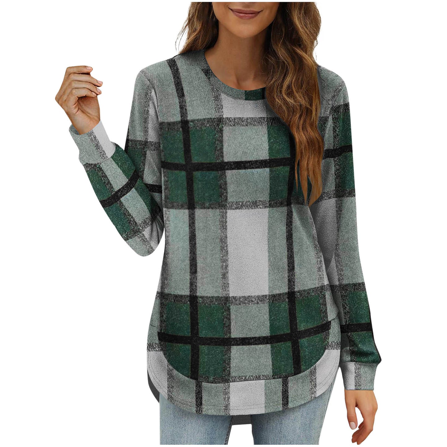Women's Casual Loose Plaid Long Sleeve Round Neck Irregular Bottoming Shirt Top