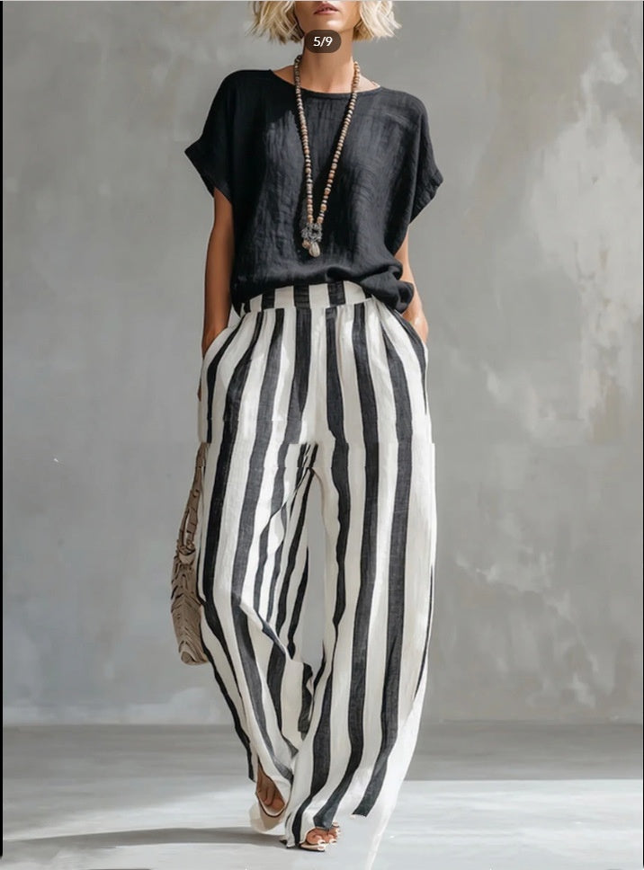 Women's Striped Cotton-Linen Two-Piece Set