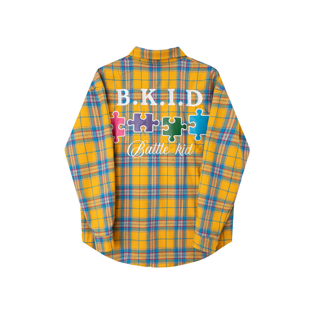 Contrast Color Veneer Puzzle Embroidery Long Shirt Lapel