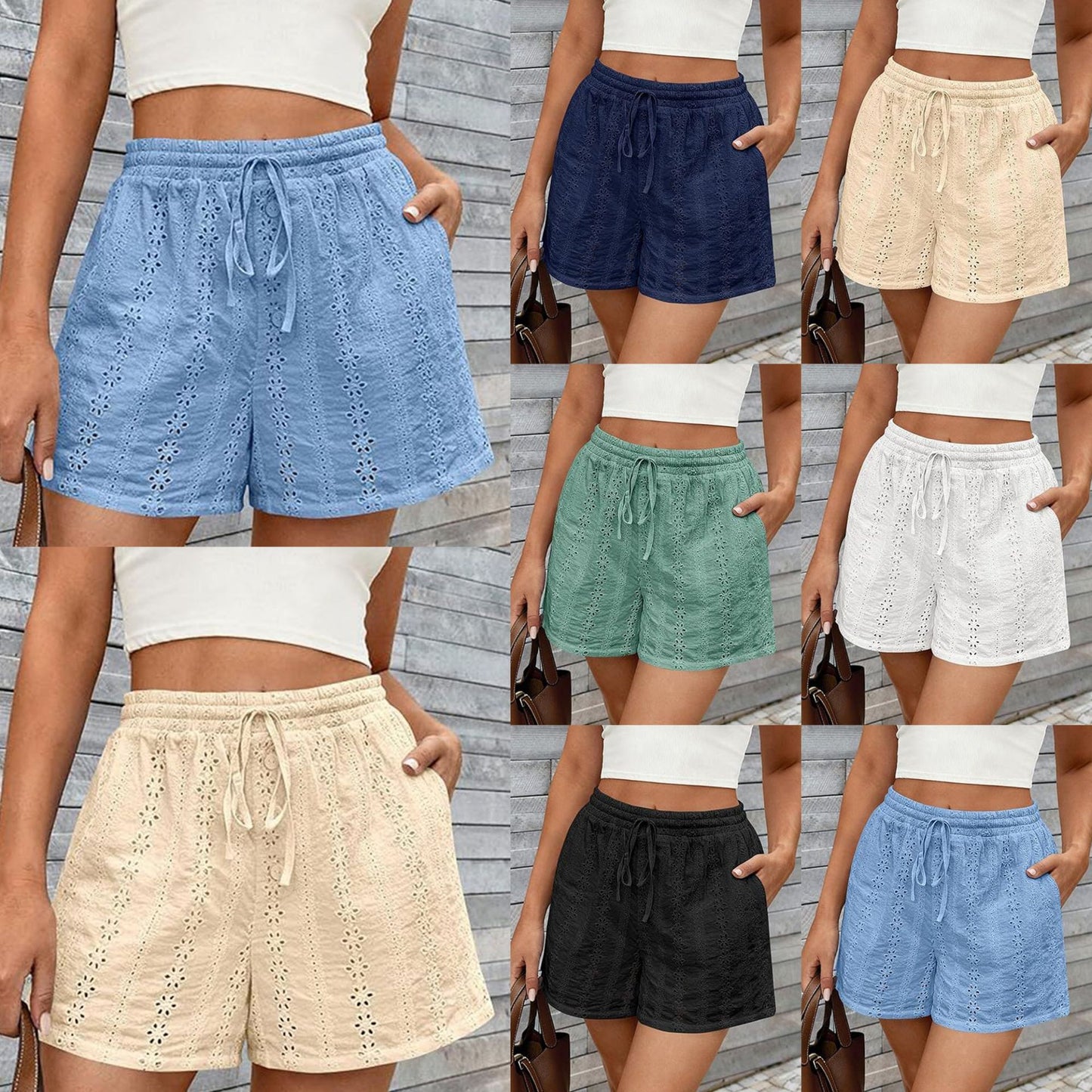 Solid Color Elastic Waist Drawstring Beach Shorts For Women