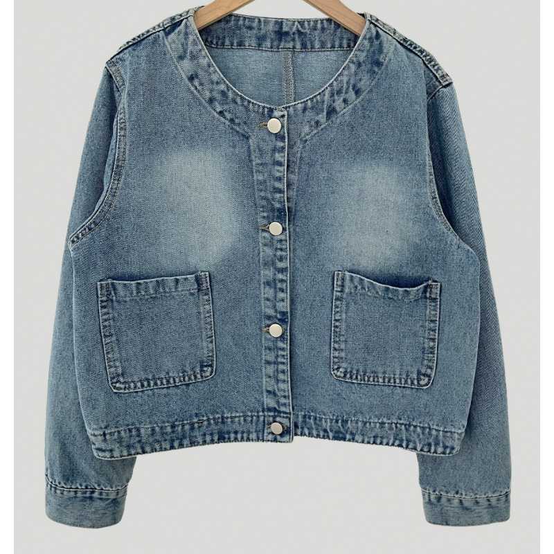 Retro Crew Neck Double Pocket Simple Wash Denim Jacket