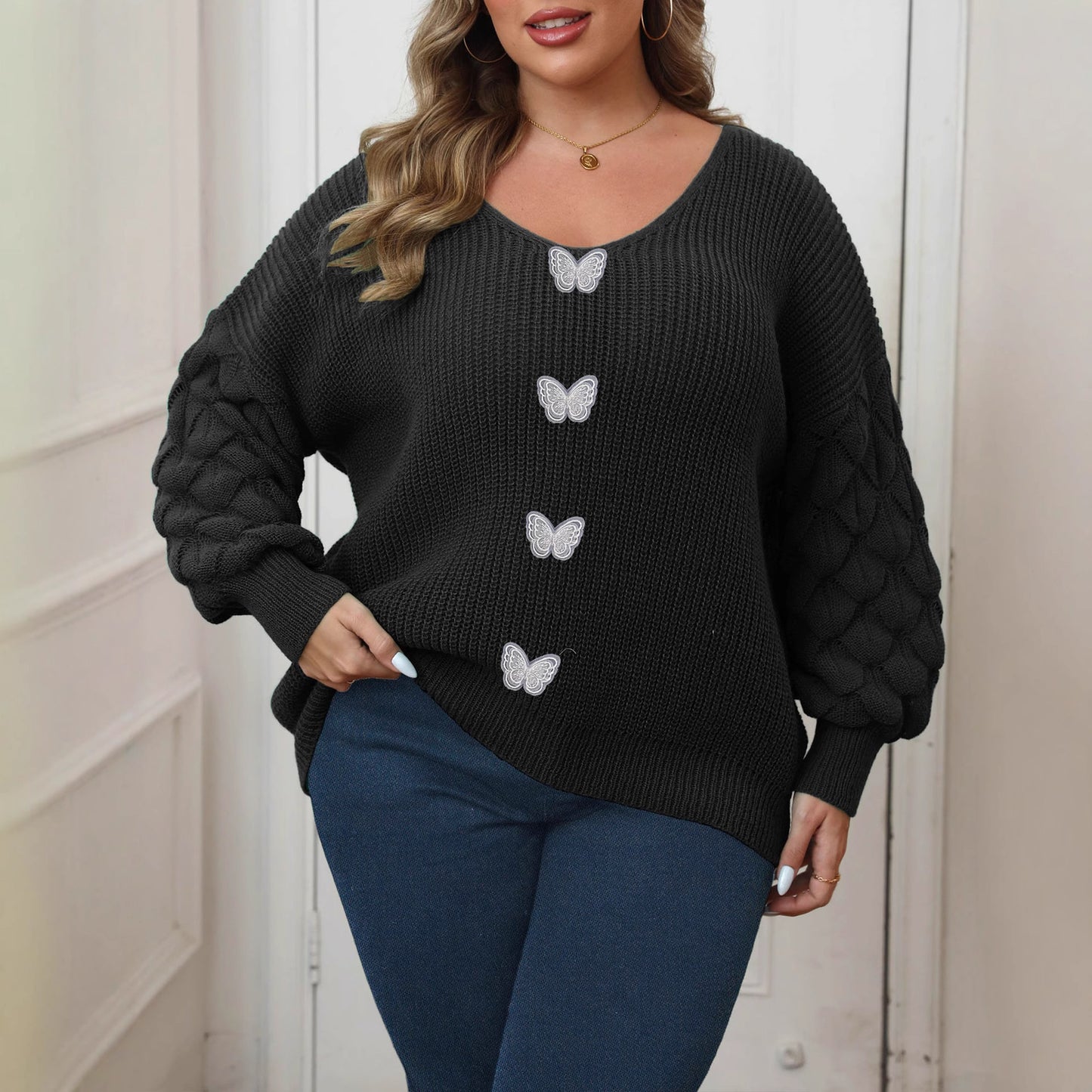 Plus Size Dame Ananas Ærme Sammenføjning Dybt V Vævet Blonde Sommerfugletrøje
