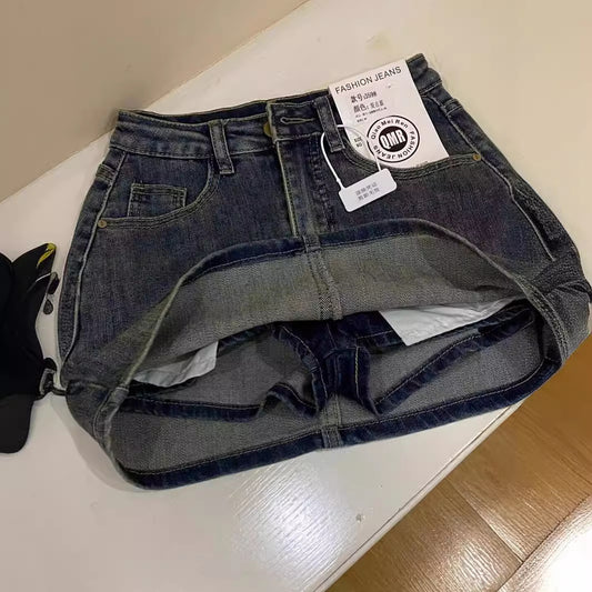 Retro Blå Højtaljet Slankende Denim Nederdel Til Kvinder