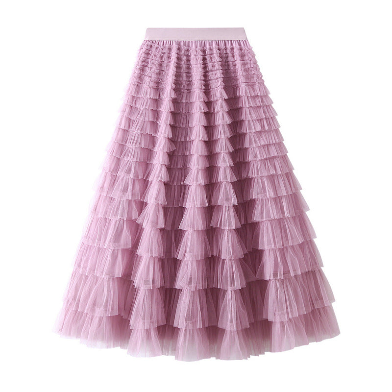Line Mesh Ruffle Skirt Women's Temperament Sweet Long Skirt Slim Cupcake Dress Womens Clothing