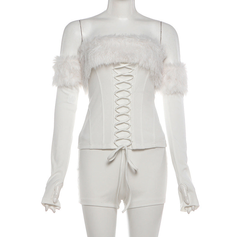 Womens Solid-Color Fluffy Patchwork Long-Sleeve Halter Top And Shorts Set