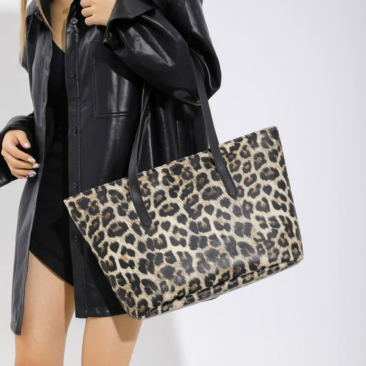 Stor Leopardprint Tote-taske Tre-delt Sæt