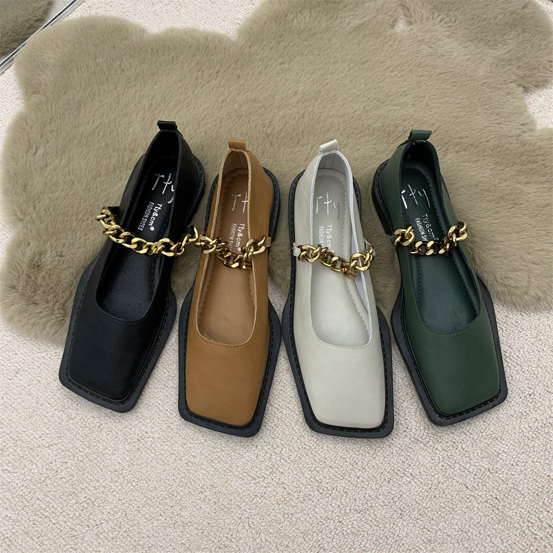 Metal Chain Square Toe Retro Leather Shoes