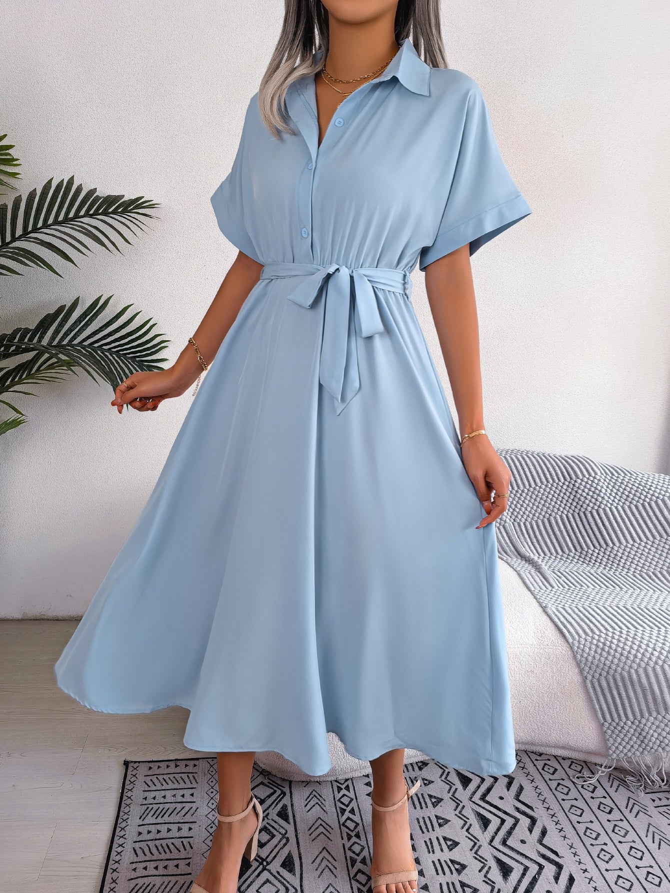 Women  Casual Loose Solid Color Tie Waist Shirt Maxi Dress