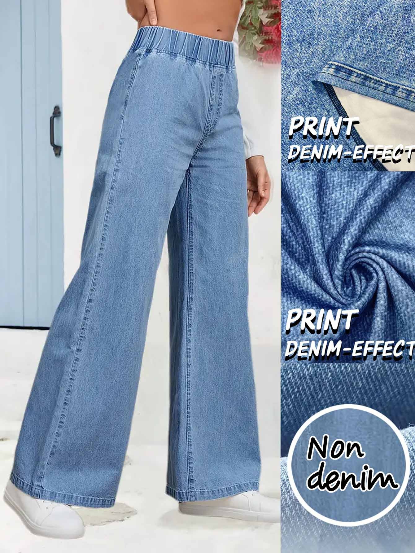 Womens High-waisted Straight-leg Faux Denim Wide-leg Pants