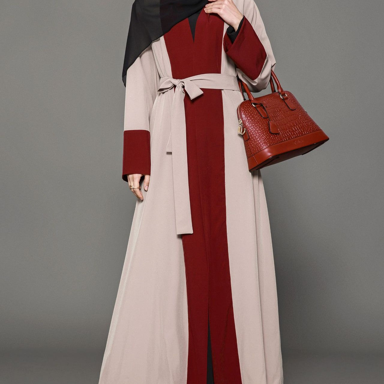 Red Brown Patchwork Flare Long Sleeved Dress