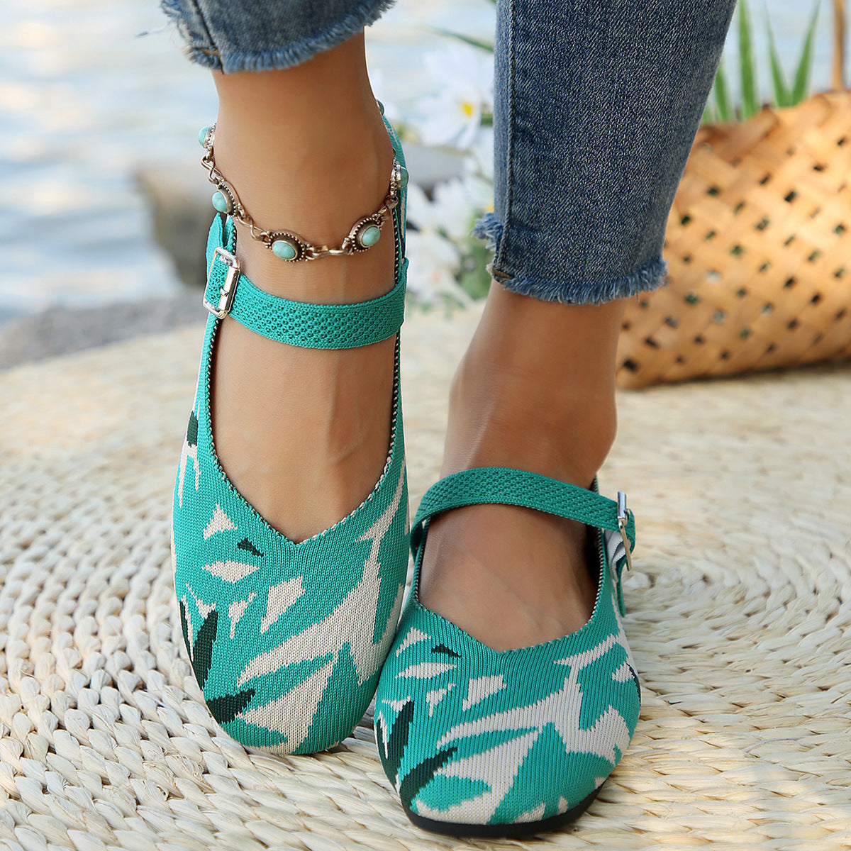 Square Toe Knitted Braided Non-slip Soft Soles Single-layer Shoes
