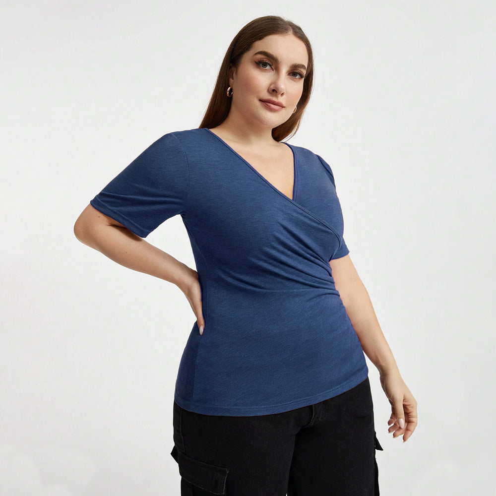 New V-neck Spliced Wide Slim Solid Color Top