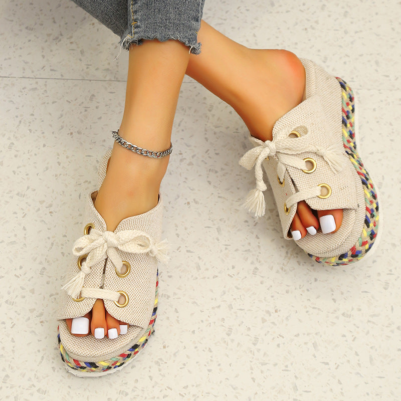 Women's Straw Woven Wedge Color-block Lace-up Slippers