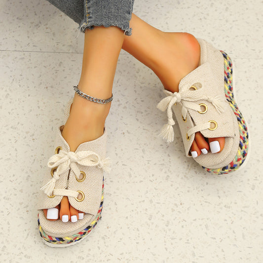 Women's Straw Woven Wedge Color-block Lace-up Slippers
