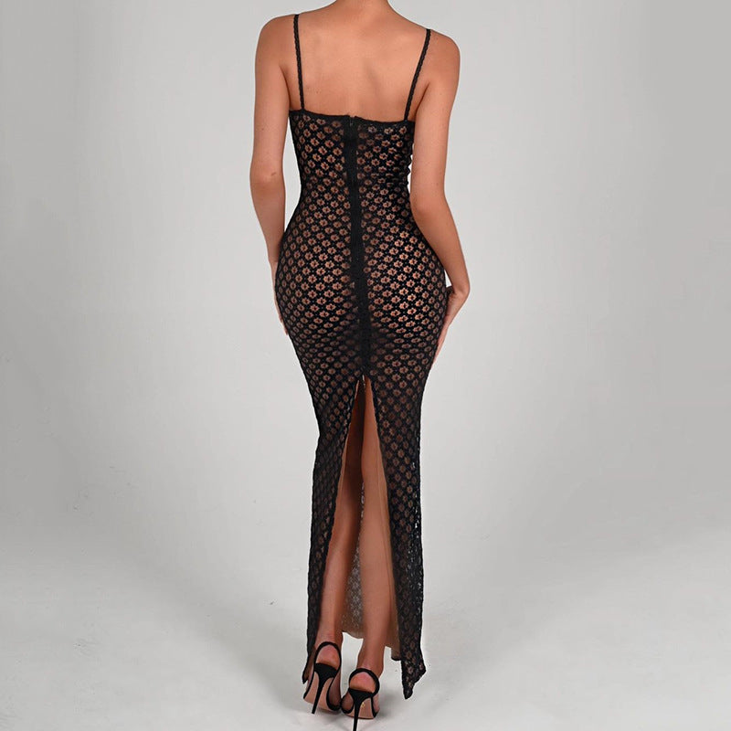 Fashionable Lace Back Split Polka Dot Dress
