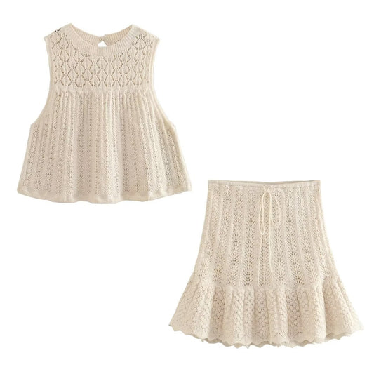 Women's Fashionable Jacquard Mesh Knitted Top Mini Skirt