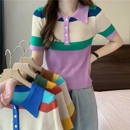 Color Stitching Lapel T-shirt Slim Fit And Slim Short Sleeves