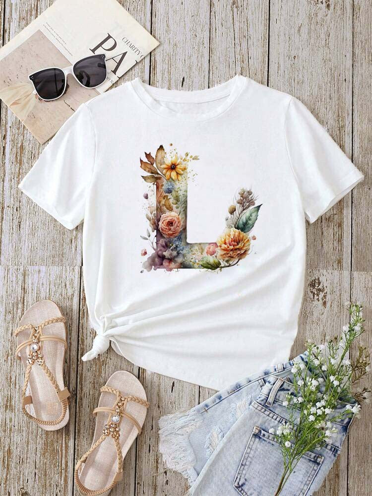 Stylish Womens T-shirt Featuring A Floral Letter Font With The First Letter Of Your Name Short-sleeve Top In White