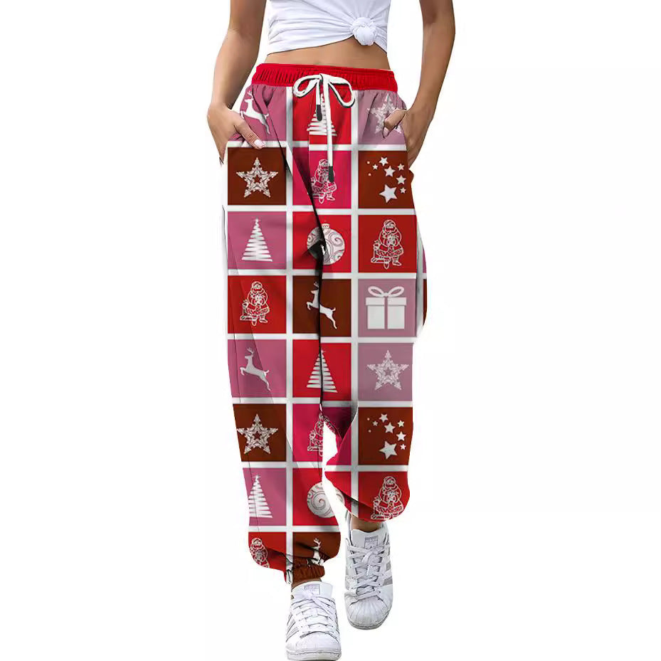 European And American Christmas High Waist Loose 3d Printed Casual Drawstring Women's Sports Casual Pants