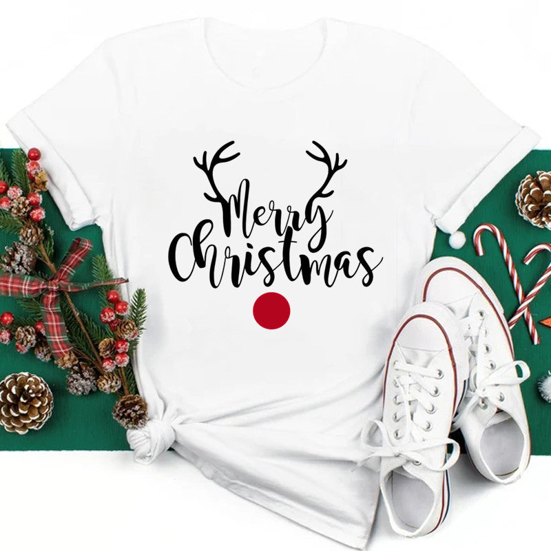 New Year Christmas Plus Size Round Neck Short Sleeve T-shirt