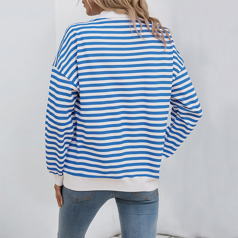 Efterår Stribet Langærmet Løs T-shirt Afslappet Polo Krave Lynlås Pullover Sweater Til Kvinder