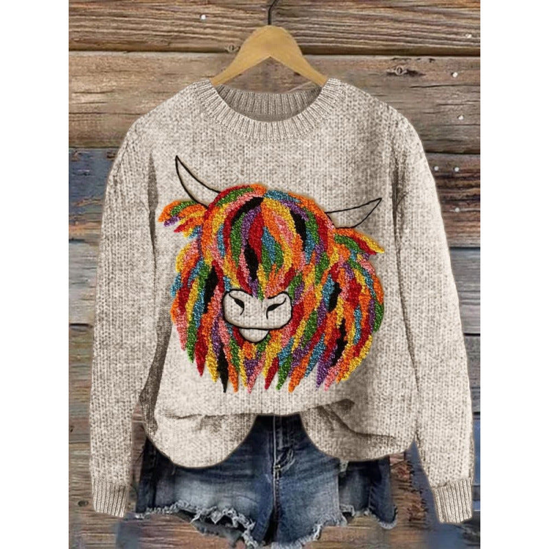 Abstract Style Digital Printing Drop-shoulder Long-sleeve Women's Sweater Casual All-matching