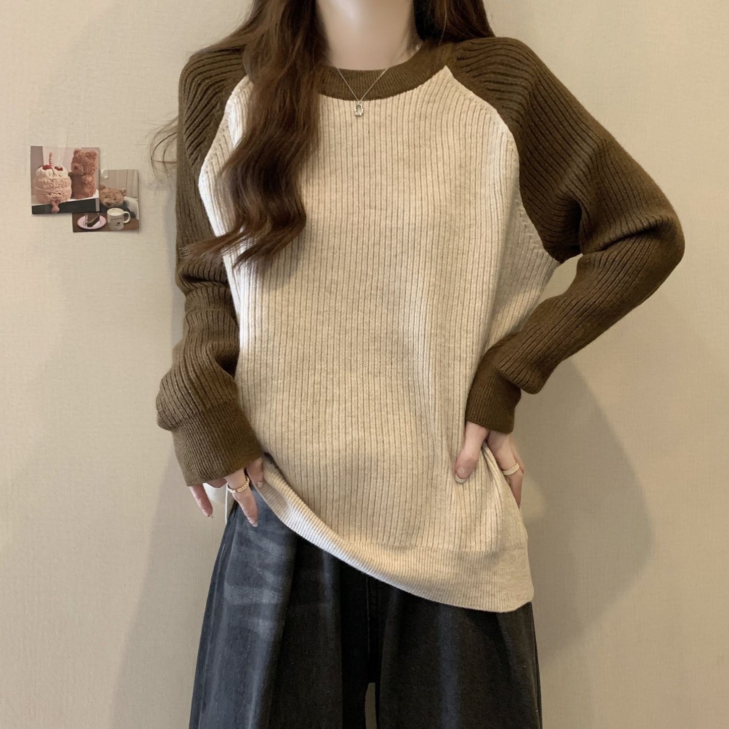 Loose Slim-fit Color-blocked Top To Cover The Belly