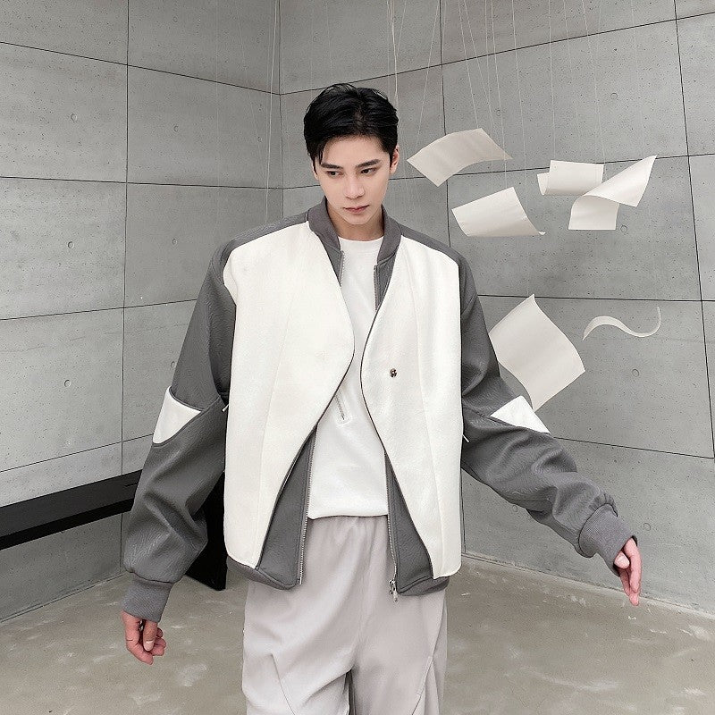 Men's Deconstructed Sense Of Patchwork Leather Jacket Short Tweed Jacket