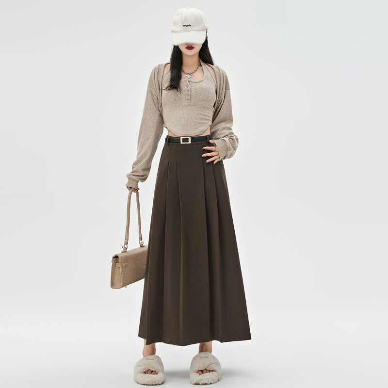 Autumn And Winter New Mid-length High-waisted Slimming A-line Maxi Skirt With Drape