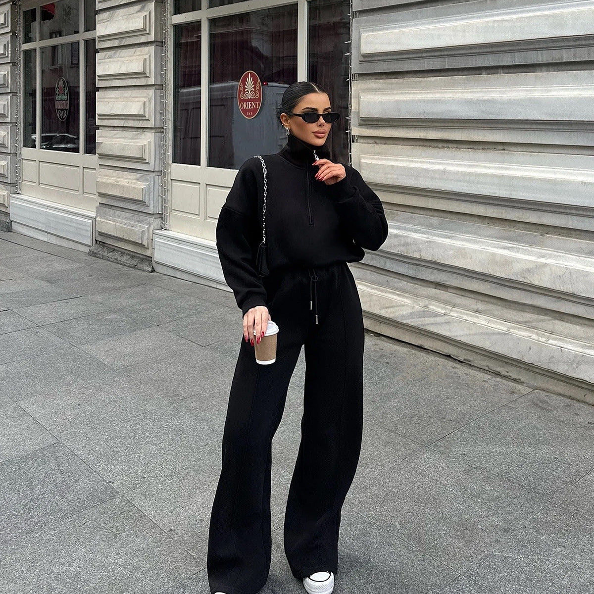Casual Women's Fashion Half-zip Hoodie And Pants Two-piece Set Loose Casual Autumn And Winter Outfit