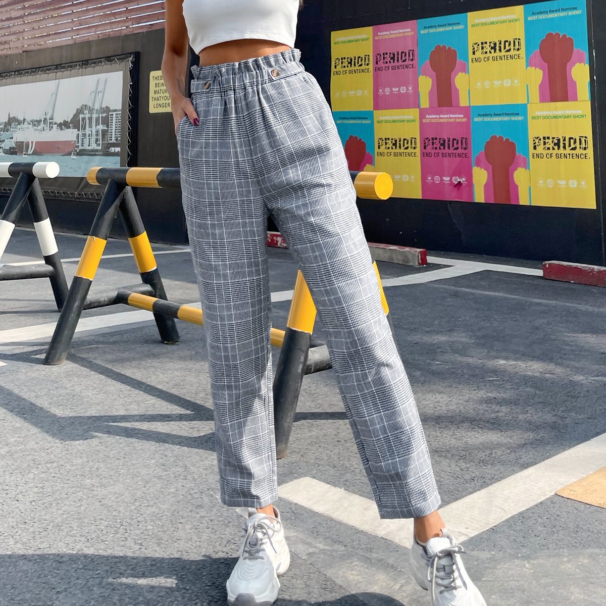Women's Fashion Temperament High Waist Plaid Straight-leg Pants