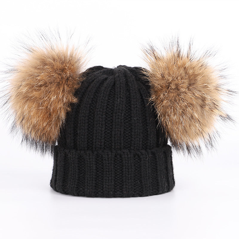 Men's And Women's Thickened Raccoon Fur Ball Knitted Ear  Set