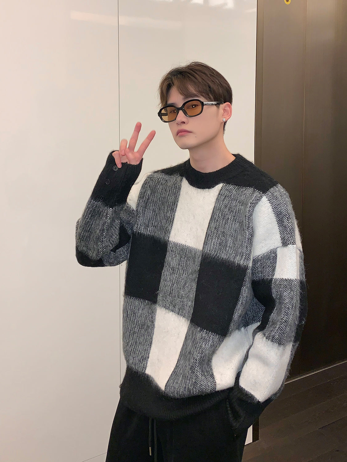 Plaid Color Contrast Crewneck Sweater Men Loose Winter Niche Fashion