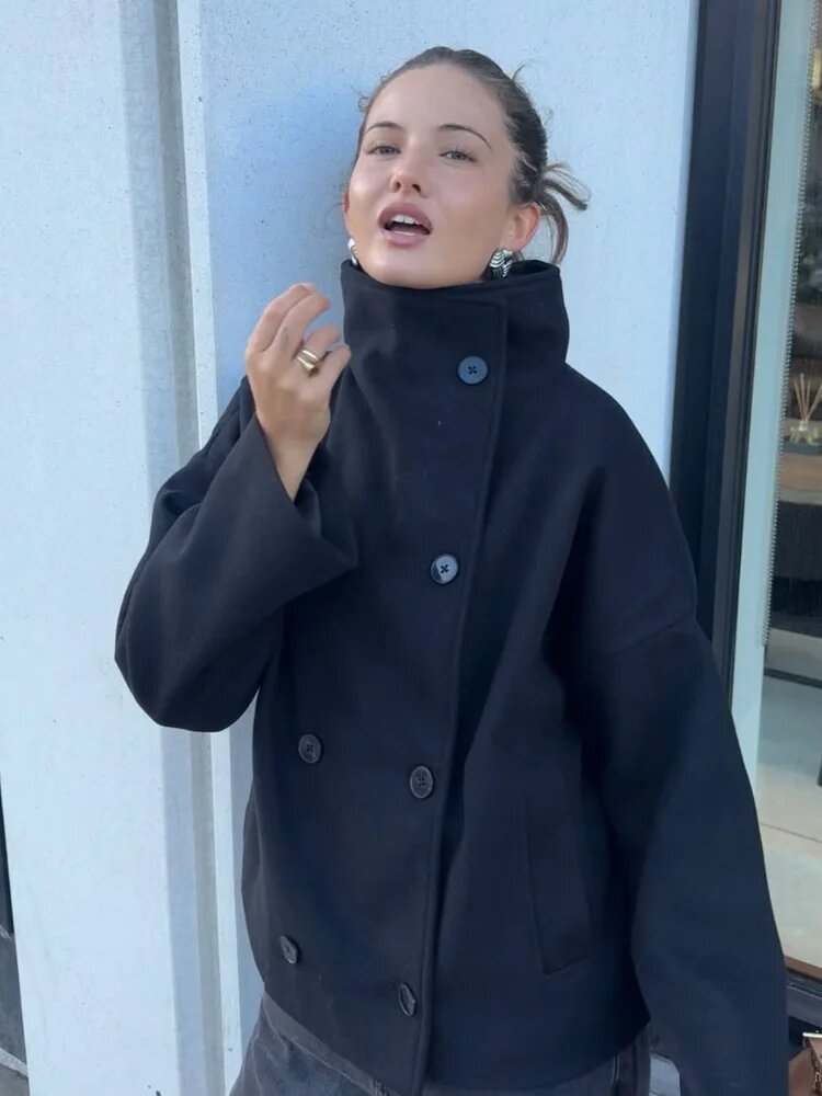 Women's Jacket Stand Collar Single Breasted Loose Woolen Coat