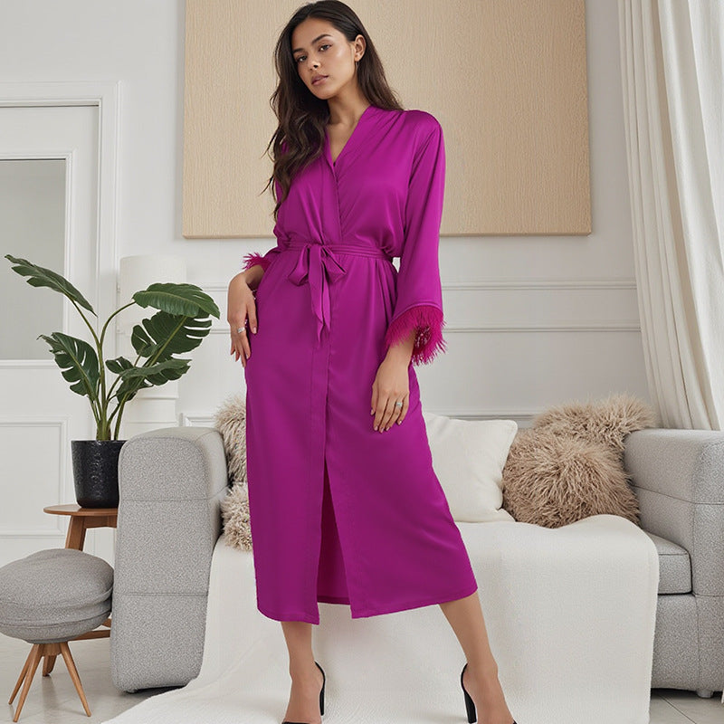Sexy Satin Velvet And Ice Silk Pajamas With Feathers Camisole Robe And Long Pants Loungewear