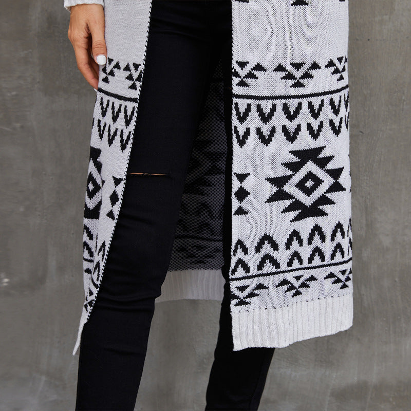 Jacquardstrikket Sweaterjakke Afslappet Strikket Lang Cardigan