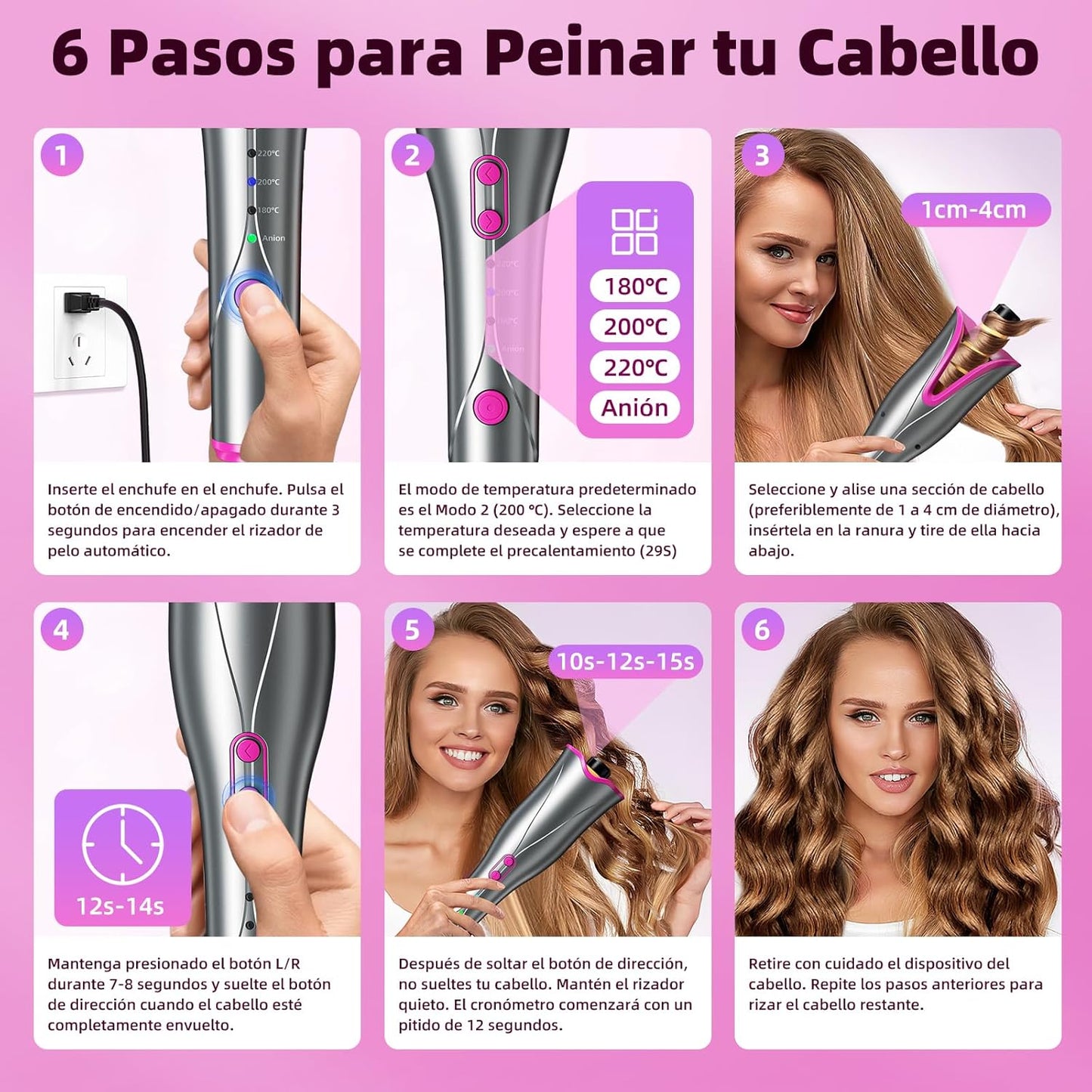 Rizador De Pelo Automático,Iones Negativos Tenacillas Pelo Con 3 Temperaturas Ajustables,Calentamiento Rápido,Dirección De Rizado Ajustable,Anti Escaldado, Cable Antienredos Giratorio De 360 °