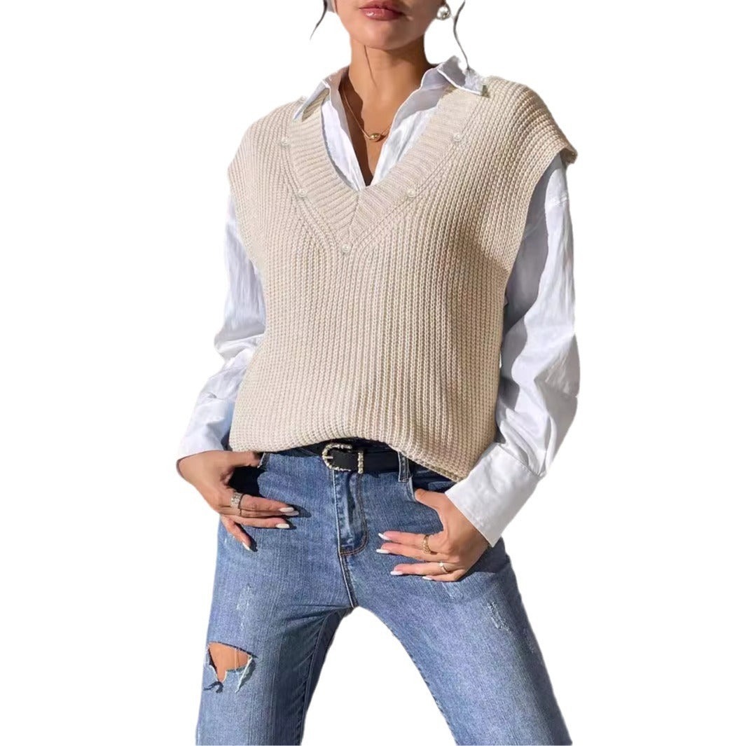 New V-neck Simple Pearl Beaded Woven Sweater Vest