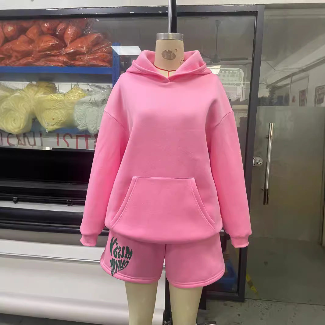 Long Sleeve Hooded Sweatshirt Shorts Two-Piece Set Women's